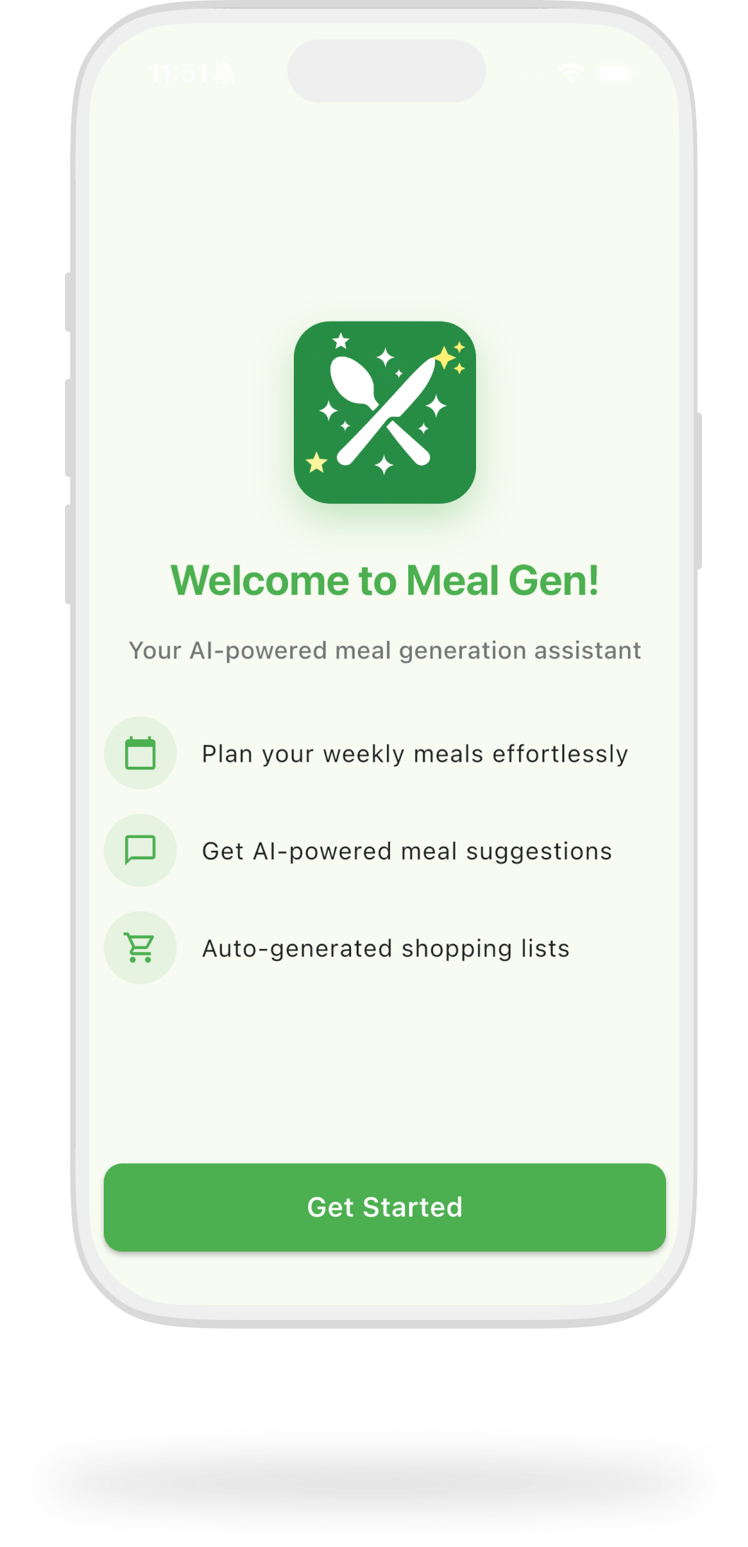 Meal Gen welcome screen